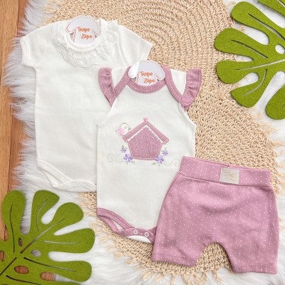 Conj. de Malha 3 peças - Casinha de Passarinho - Uva e Off White